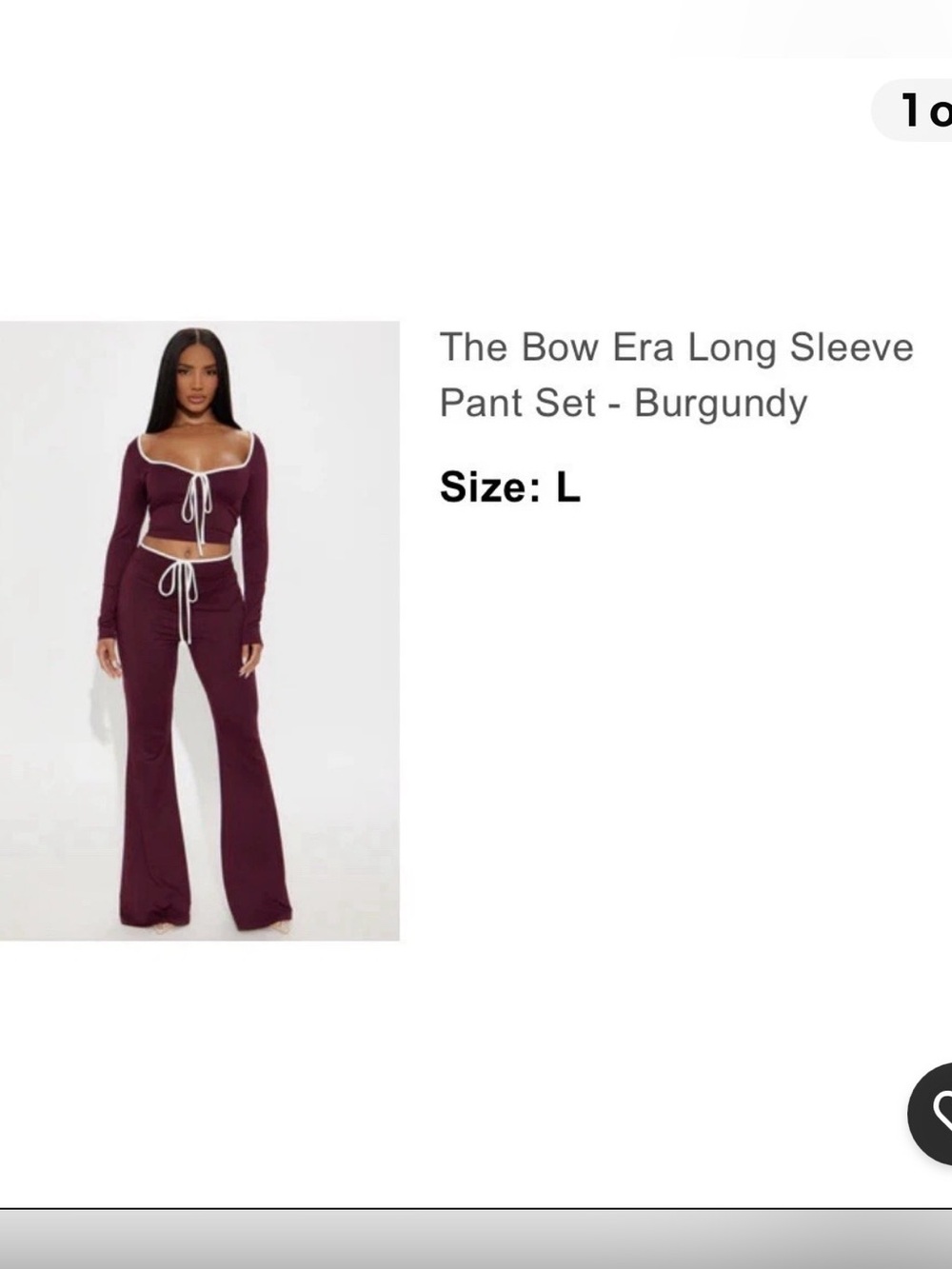 Fashion Nova Burgundy Bow Accent 2-Piece Pant Set L Crop Stretch Flared